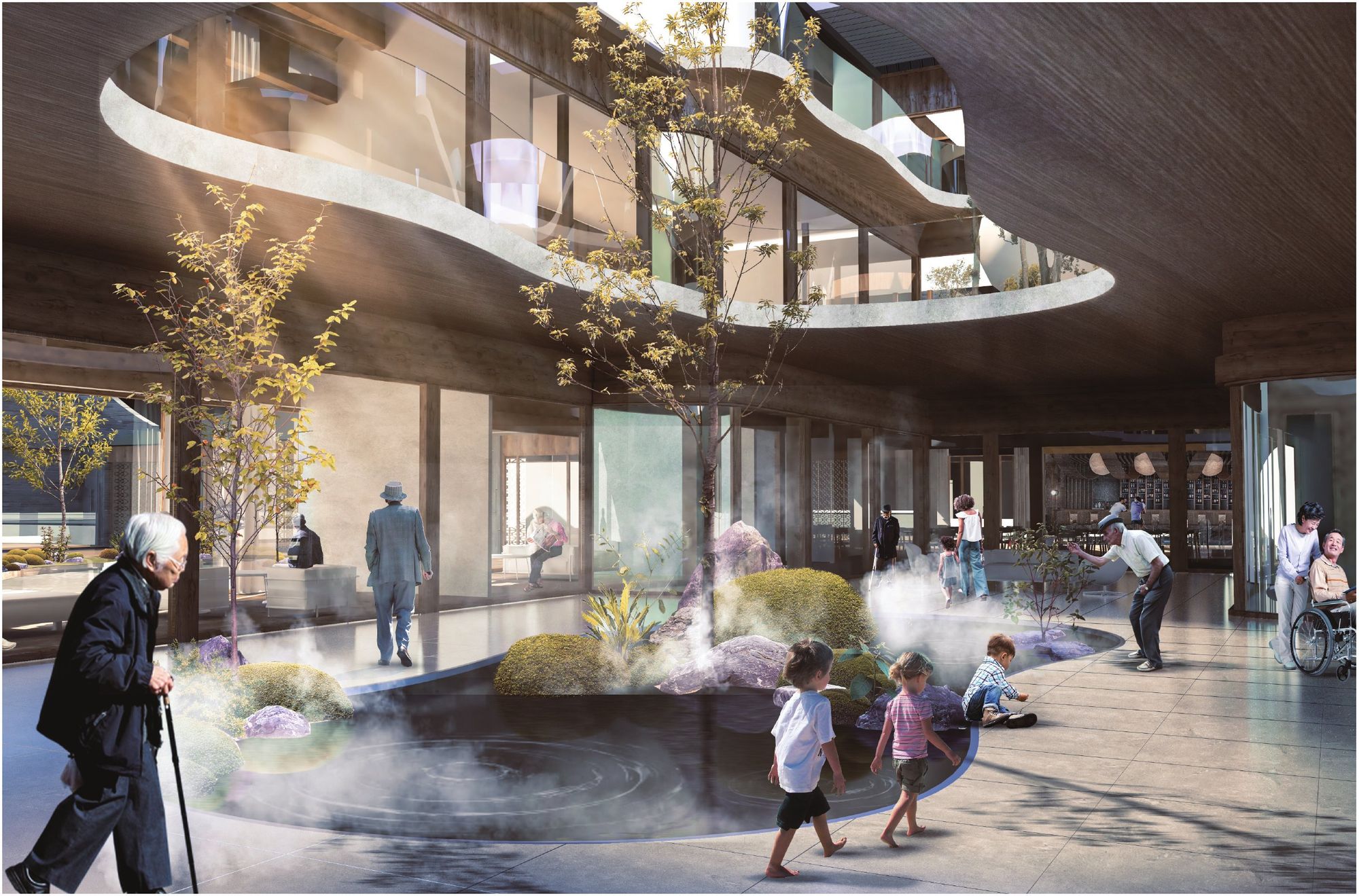 A misty light-well courtyard where children play beside elders