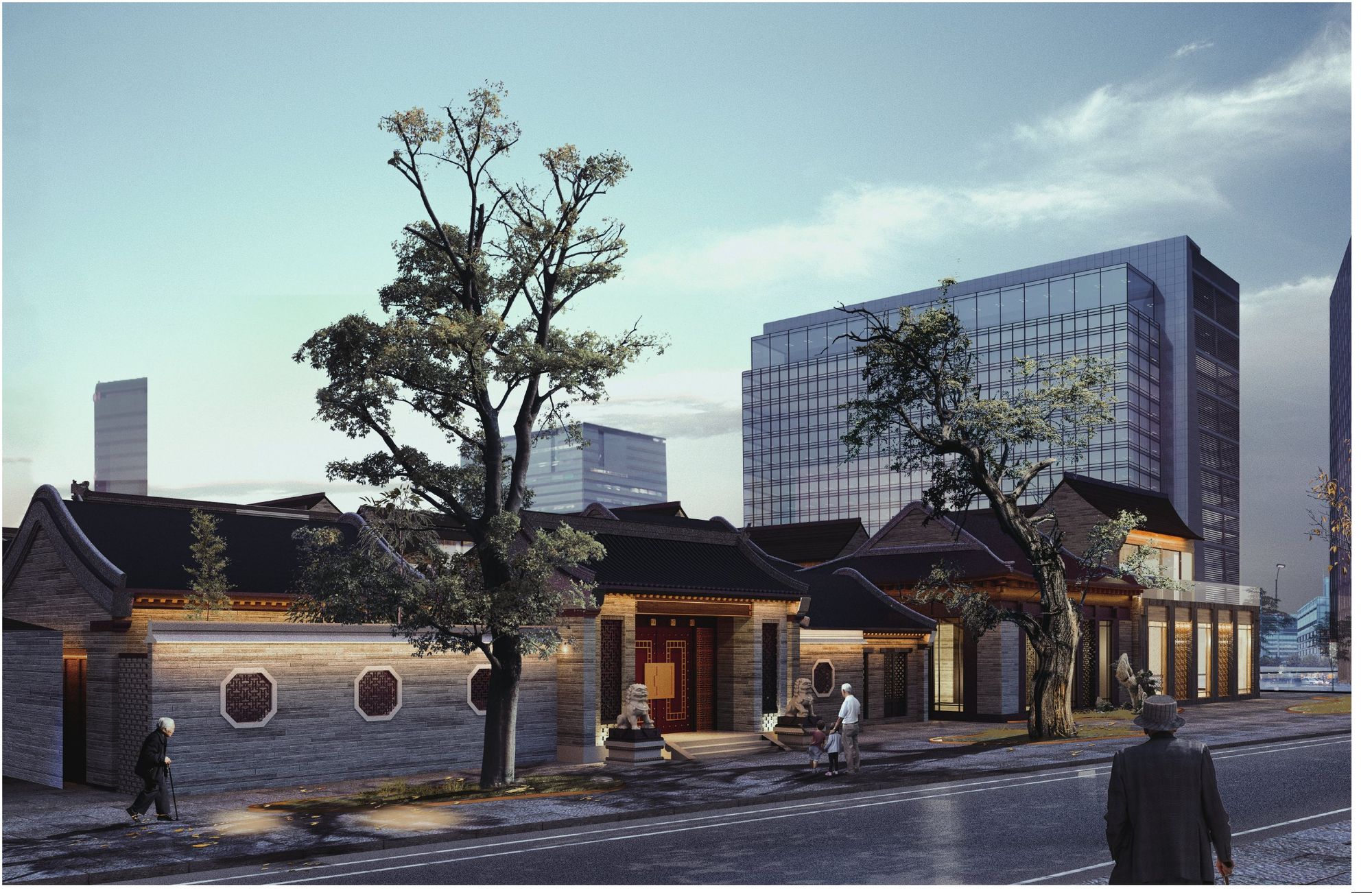 The restored heritage siheyuan gate on the street, with elders and a child